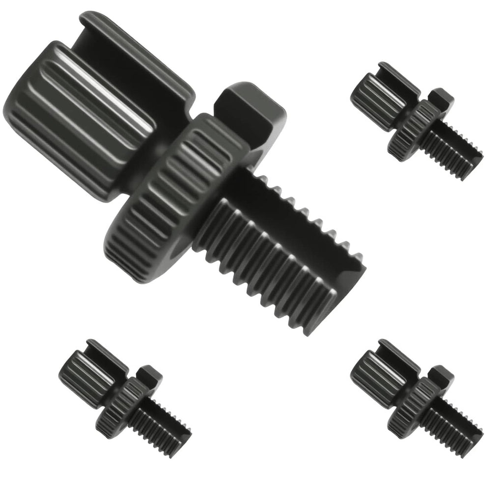 Dark metal brake cable adjuster screw, nut and bolts with knurled grip teeth
