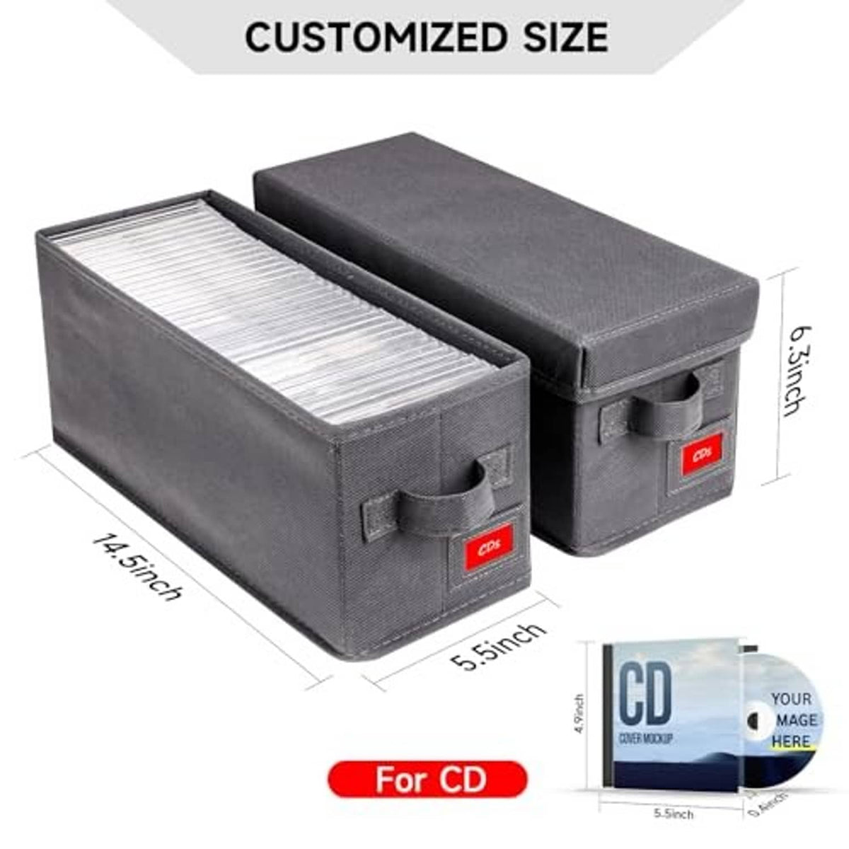 Gray fabric CD storage box pair with compartments and side handles, size layout shown