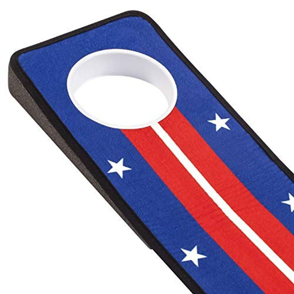 Golf putting mat corner detail with round cup; blue felt, red stripe, and white star shapes.