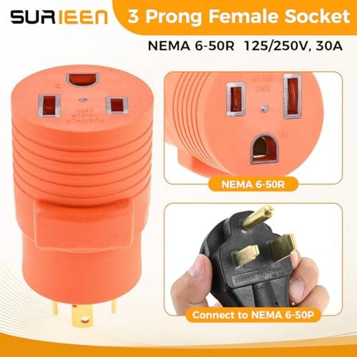 Orange 3-prong female NEMA 6-50R socket adapter with two slots and grounding hole