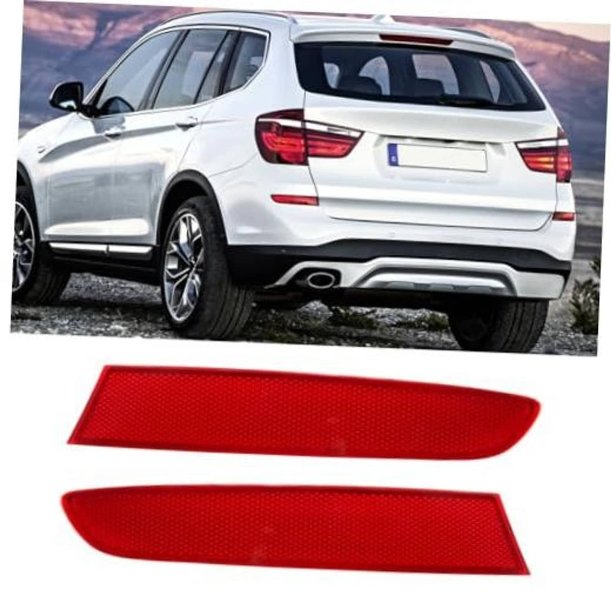 Pair of red rear bumper reflector lenses for car bumper replacement.
