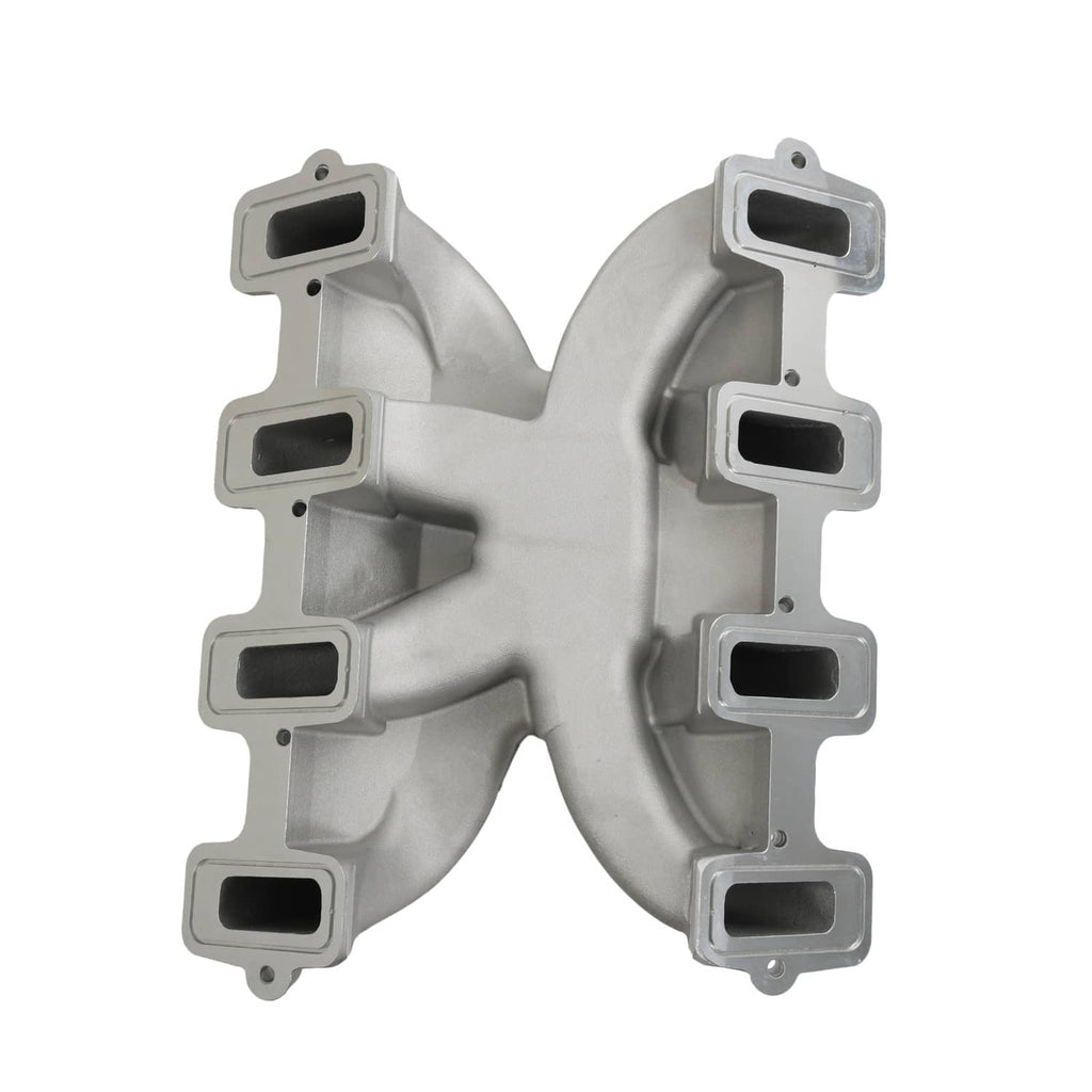 Dual plane intake manifold, showing multiple port runners and machined flange faces