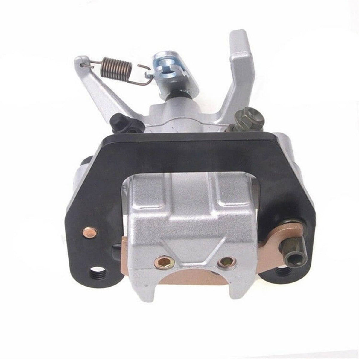 Rear brake caliper with pads, close view of silver body and brown pad surfaces