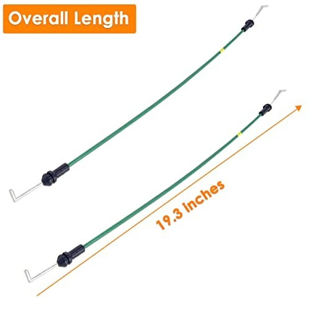 Green door handle release cable showing overall length with black clips and metal brackets.