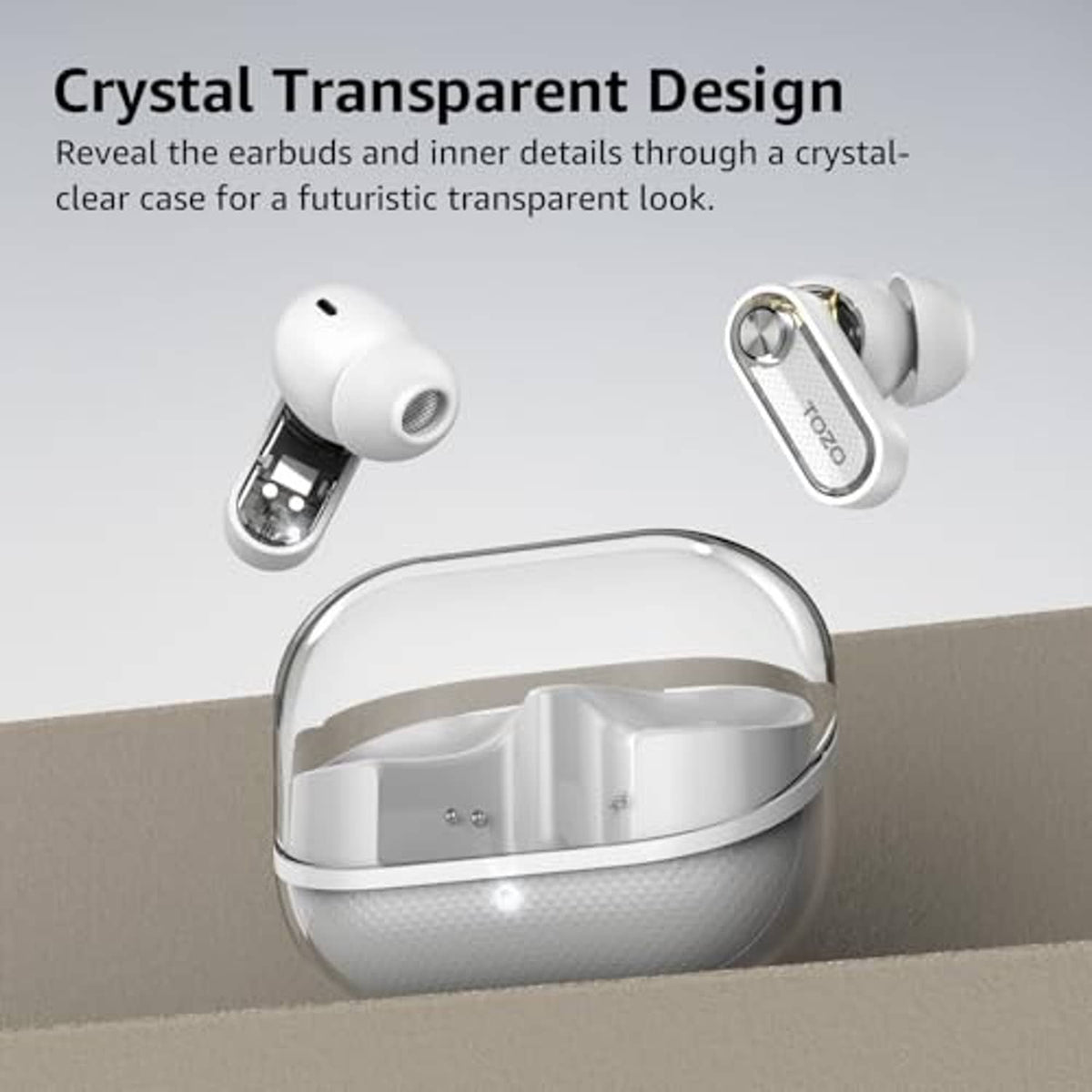 White earbuds in a clear-style charging case, showing inner earbud details