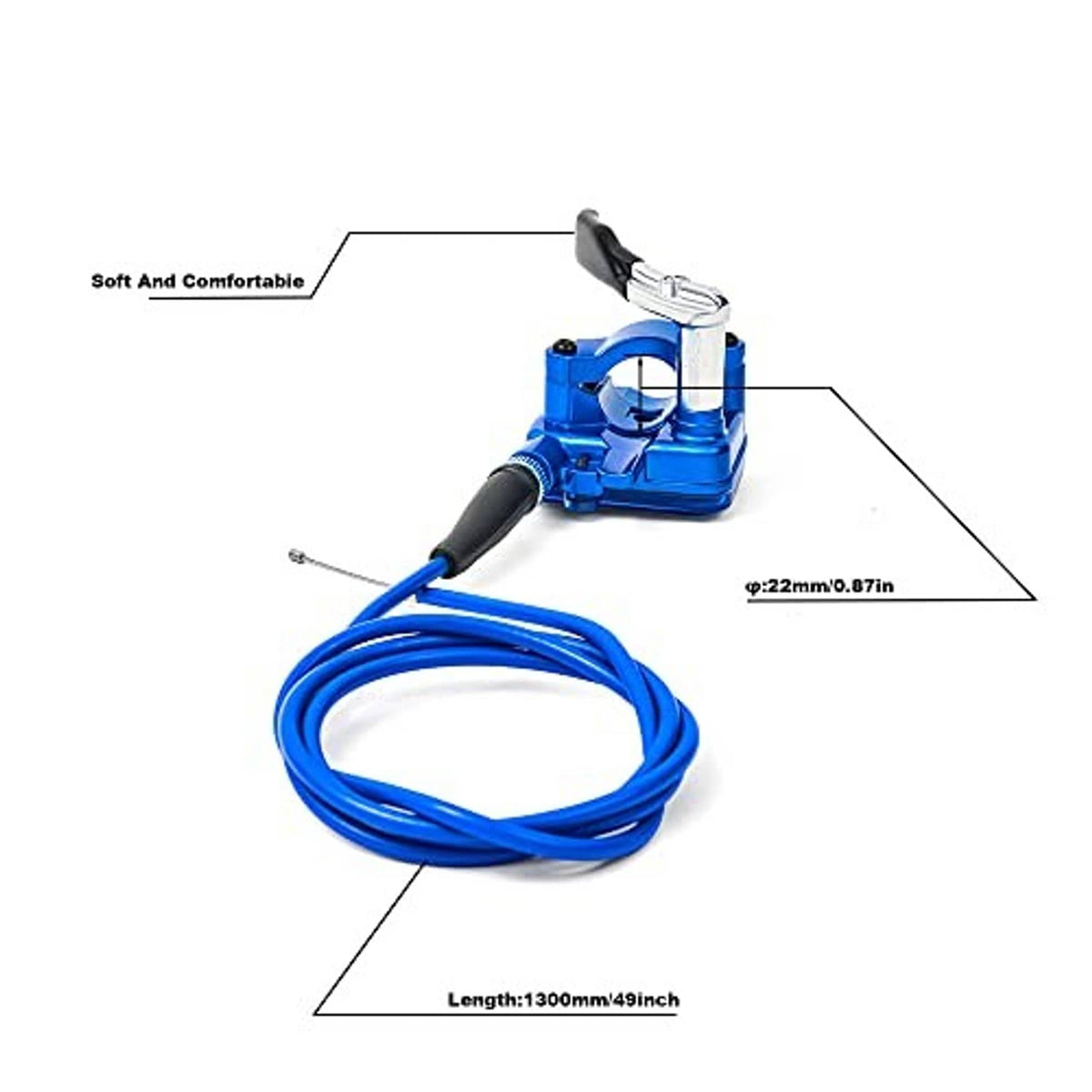Blue thumb throttle handle with connected accelerator cable; includes mounting unit