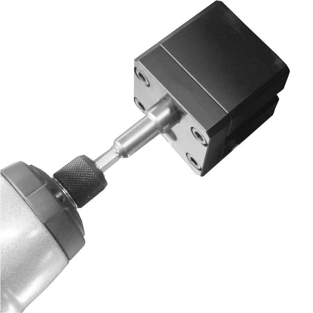 Black-and-silver crimper tool body with hooked mounting bracket and drive shaft