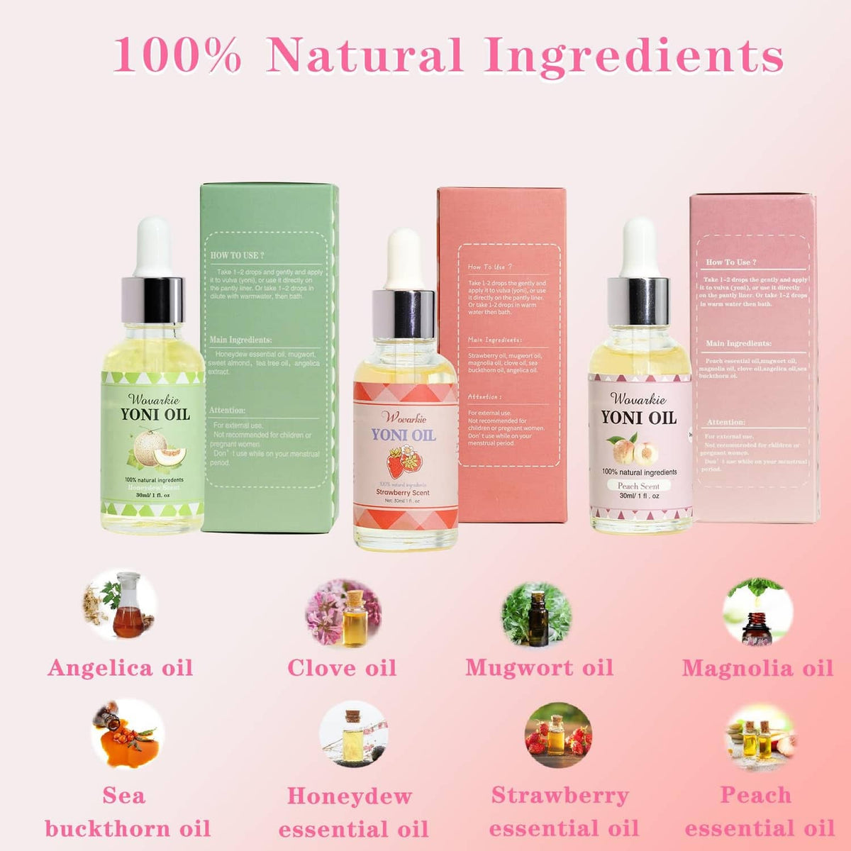 Feminine oil bottles with matching ingredient boxes, assorted scents and labels
