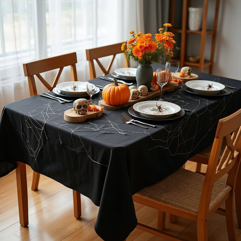 Dark rectangle tablecloth on dining table with plates, glasses, and seasonal centerpiece.