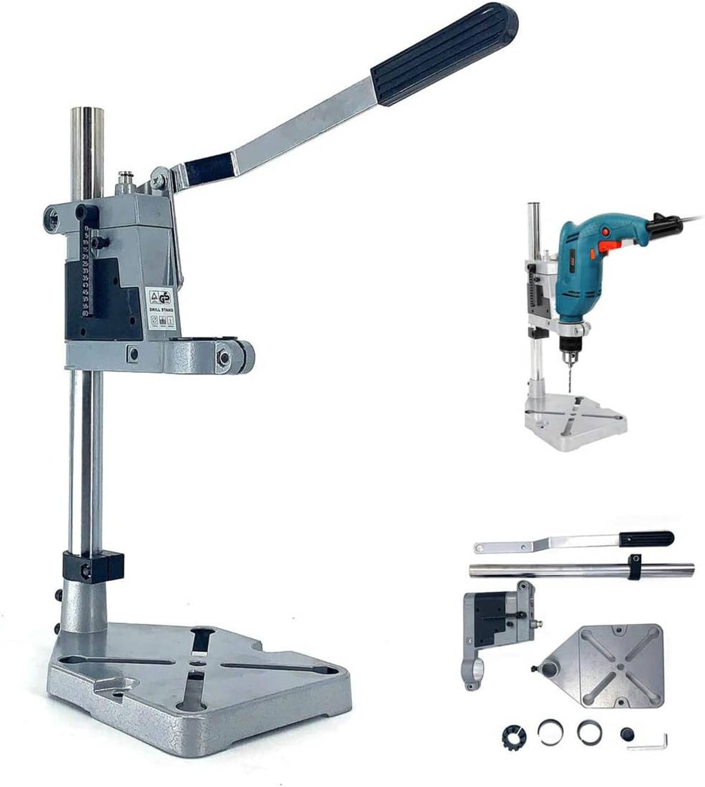 Drill press stand set with gray base, blue handle, clamp pieces, and included parts