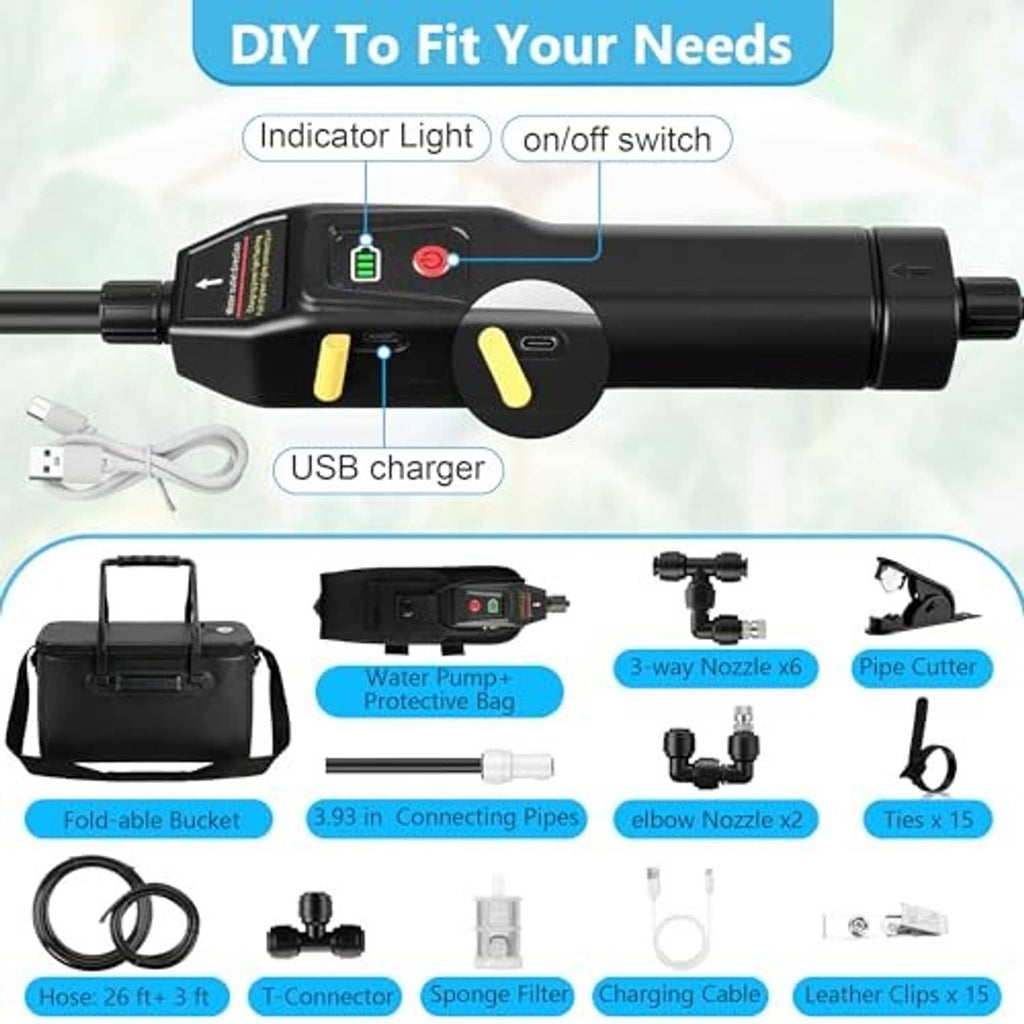 Black misting pump control unit with USB charger, indicator light, and included accessories