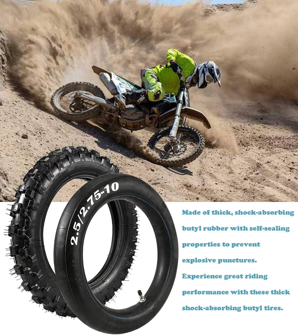Black knobby off-road tire and inner tube set for dirt bikes, 2.5-10
