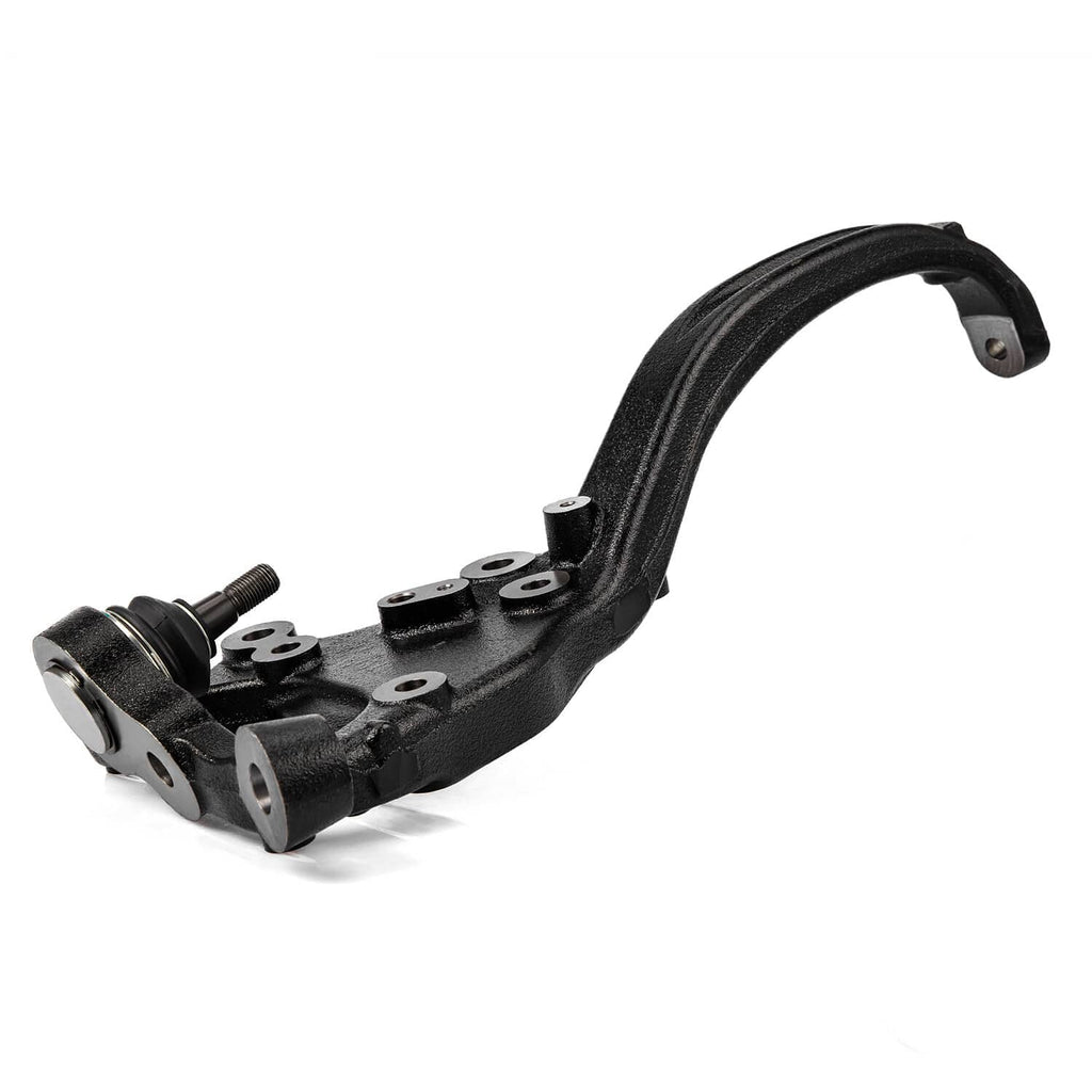 Black steering knuckle assembly with ball joint, curved arm, and hardware mounts