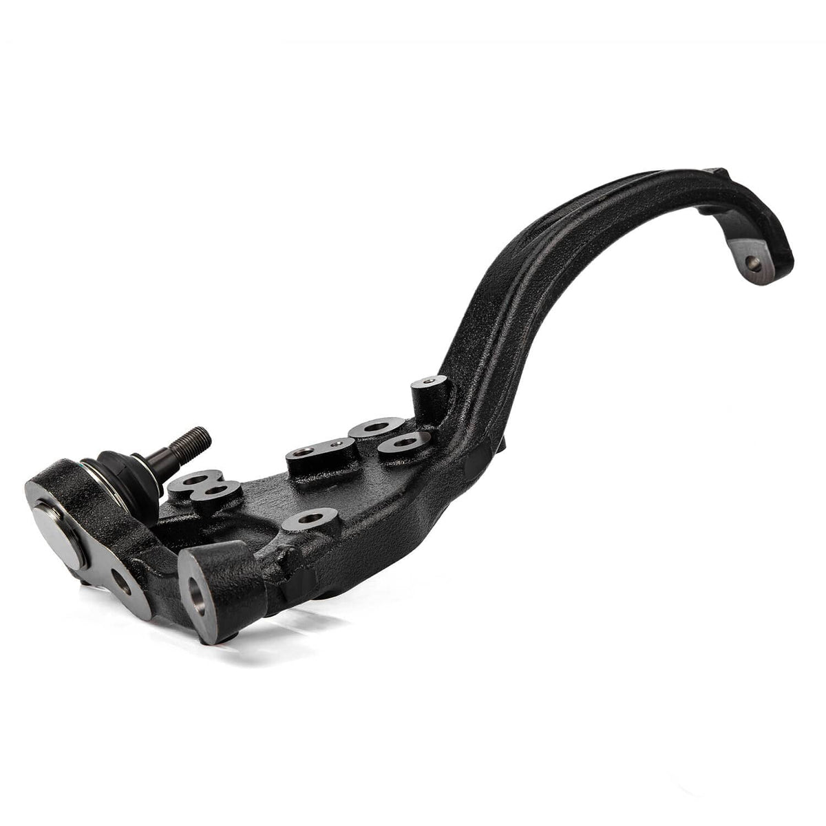 Black steering knuckle assembly with ball joint, curved arm, and hardware mounts