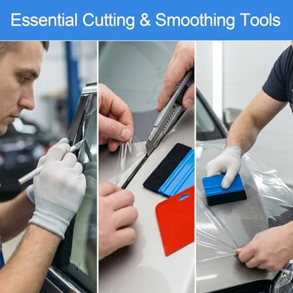Gloved user smoothing clear vinyl with red felt squeegee and metal cutting tool