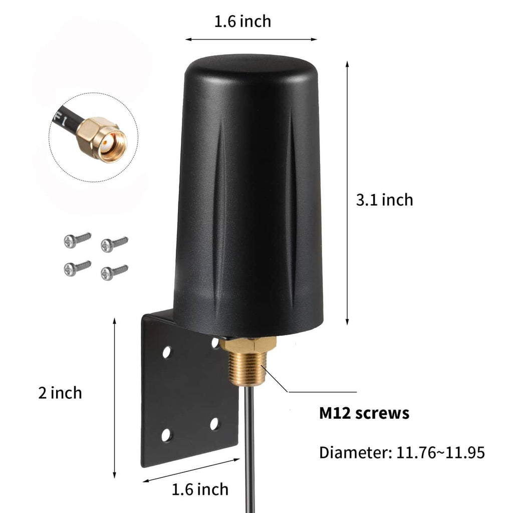 Black WiFi antenna with wall bracket, M12 screws, and dimension callouts