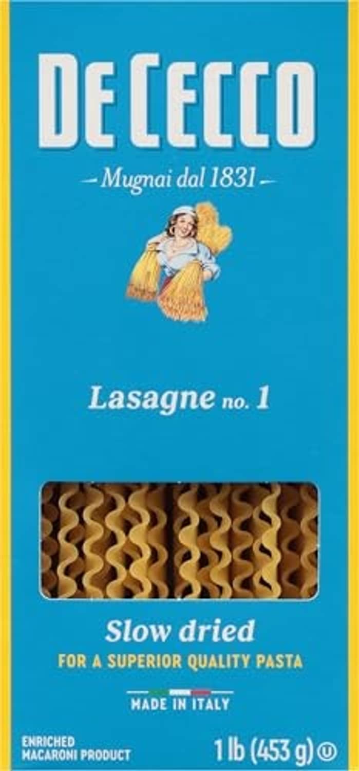 De Cecco Lasagne no. 1 slow dried lasagna noodles, blue front box with pasta window