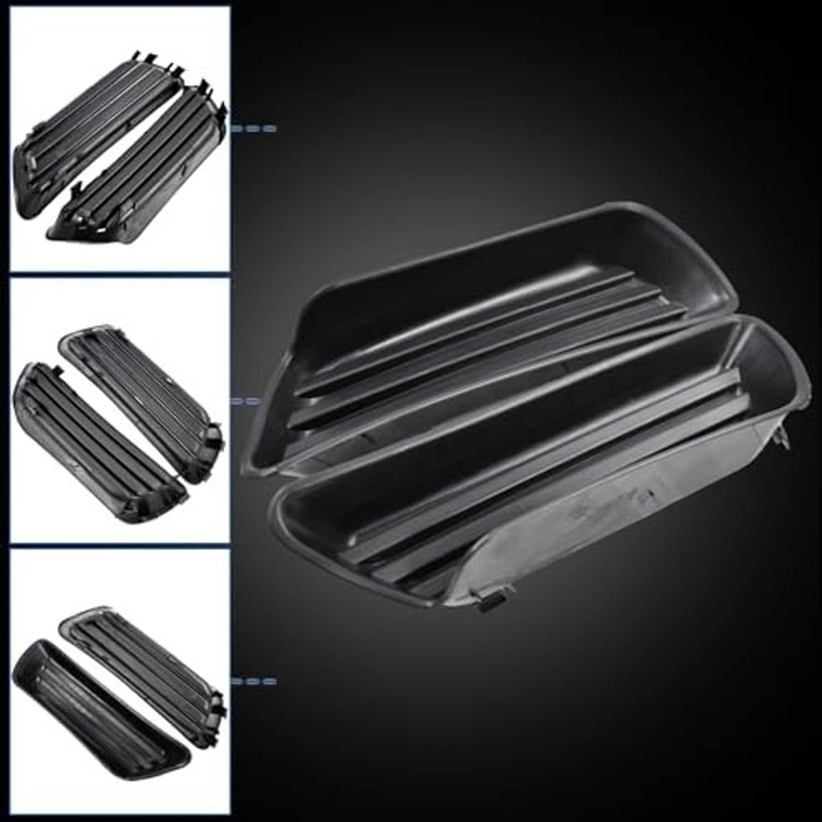 Black fog light cover with horizontal grille bars shown from multiple angles