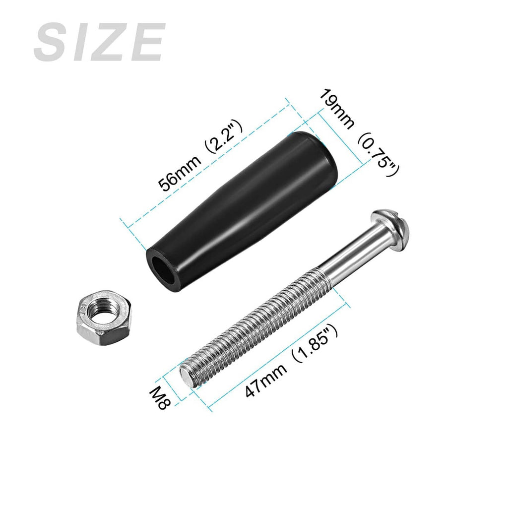 Black metal clamping handle knob with M8 threaded screw; dimensioned size diagram