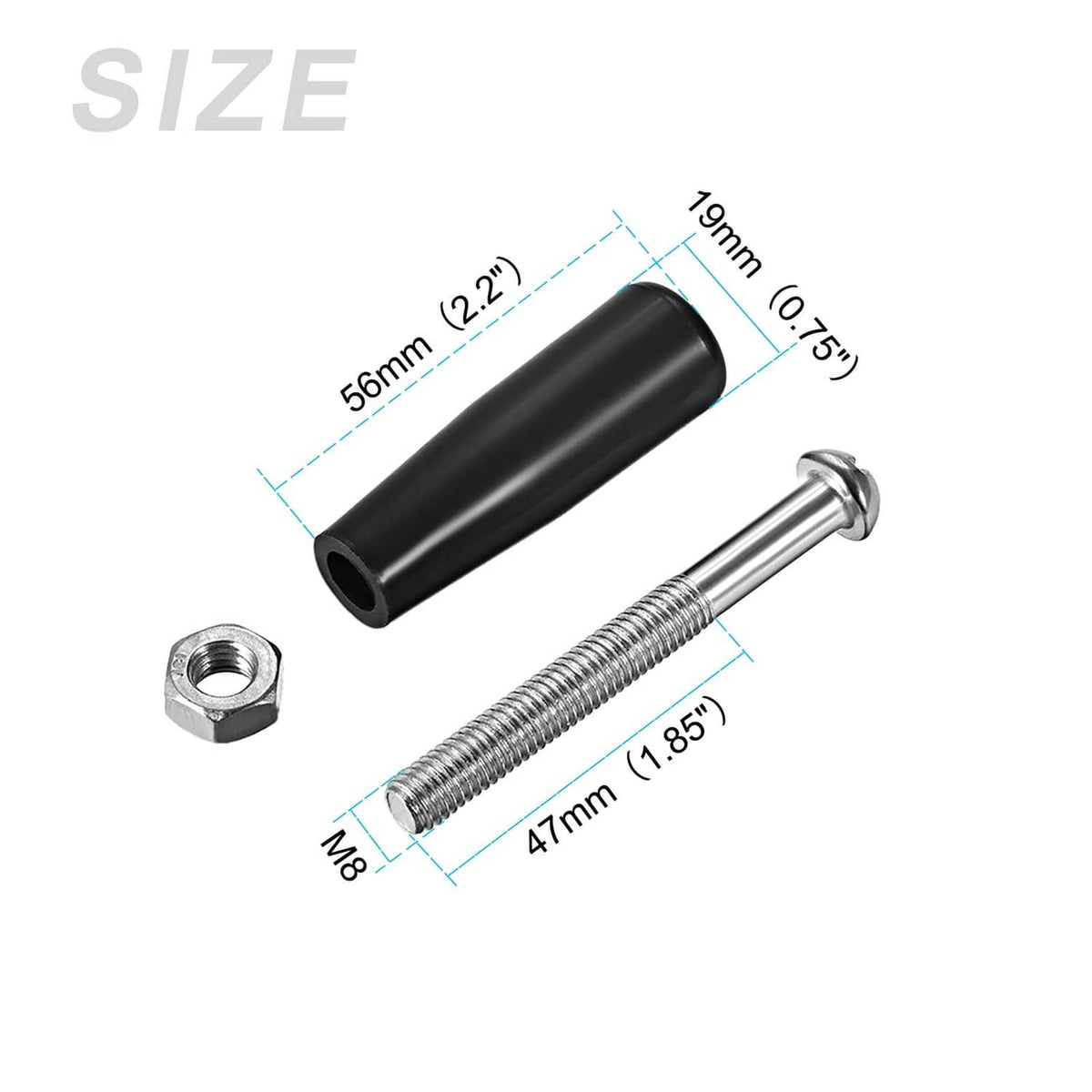 Black metal clamping handle knob with M8 threaded screw; dimensioned size diagram