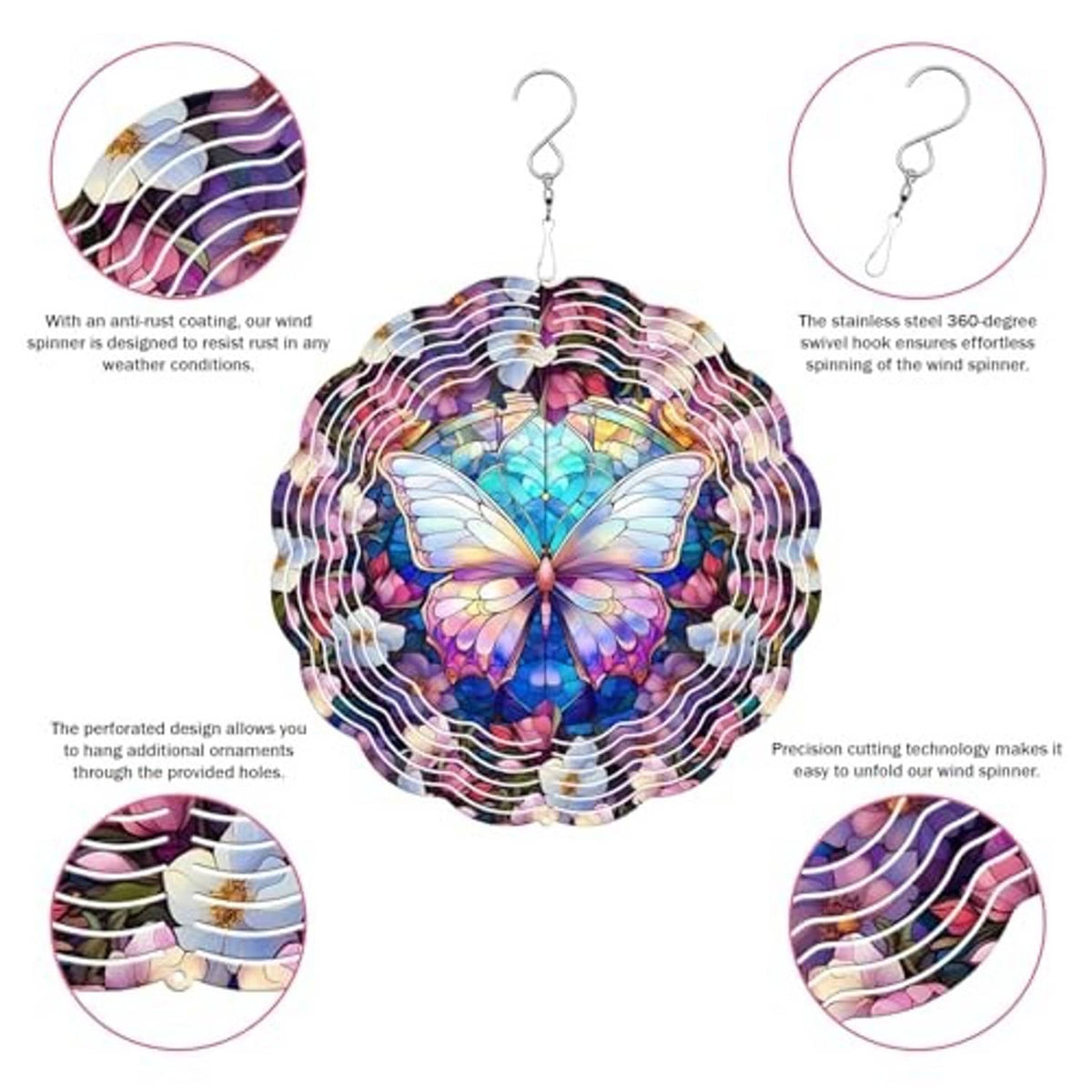 Butterfly stained-glass wind spinner with hanging hook and layered metal details