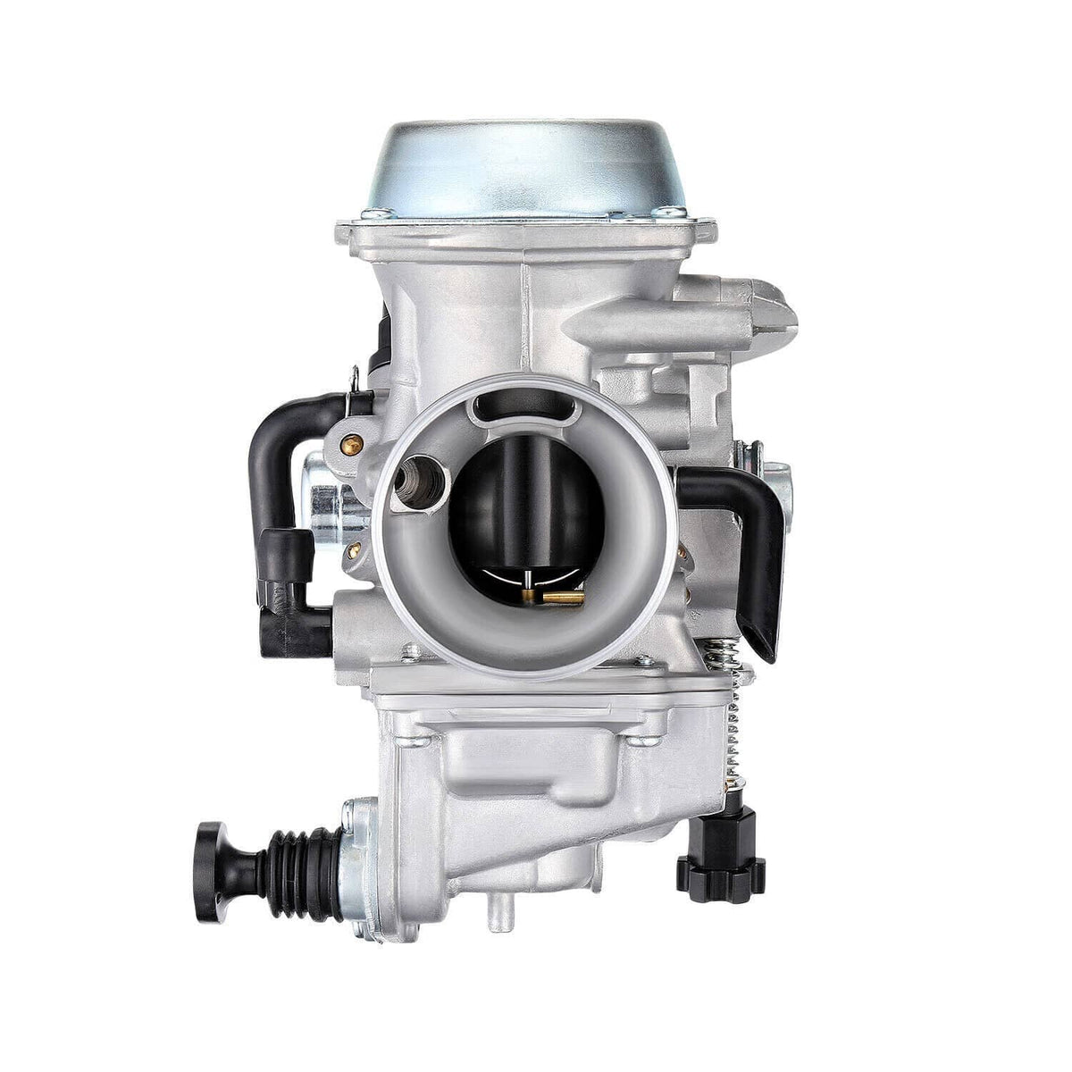Carburetor rear view with circular throttle bore and connected black hose fittings