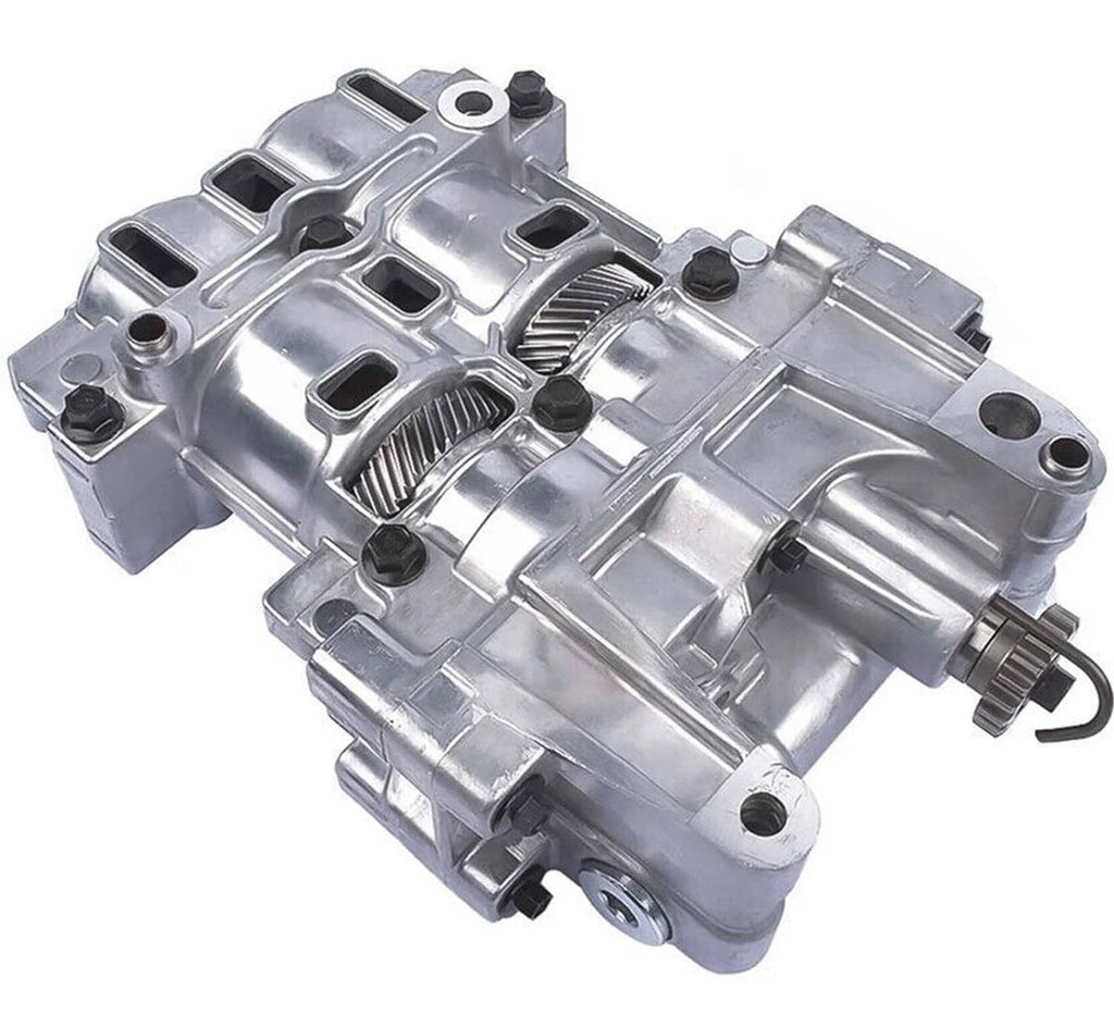 Oil pump balance shaft assembly with silver metal housing, gear teeth, and ports