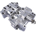 Oil pump balance shaft assembly with silver metal housing, gear teeth, and ports