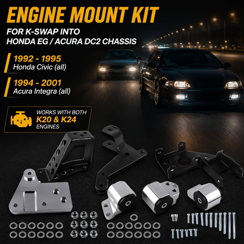 Engine mount kit with black brackets, silver mounts, and included bolts and washers