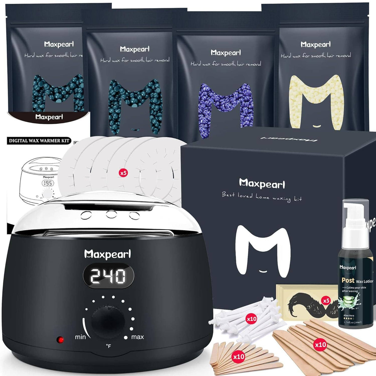 Digital wax warmer kit with black warmer, wax beads, and aftercare bottle for hair removal