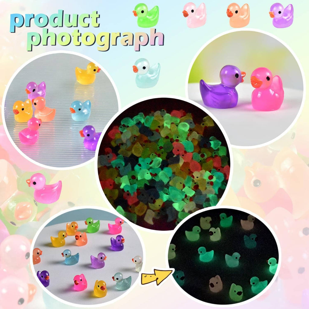 Luminous resin duck figurines displayed in bright colors with glow-effect details