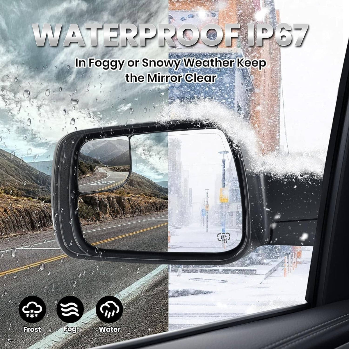 Left driver-side mirror with clear glass through rain and fog