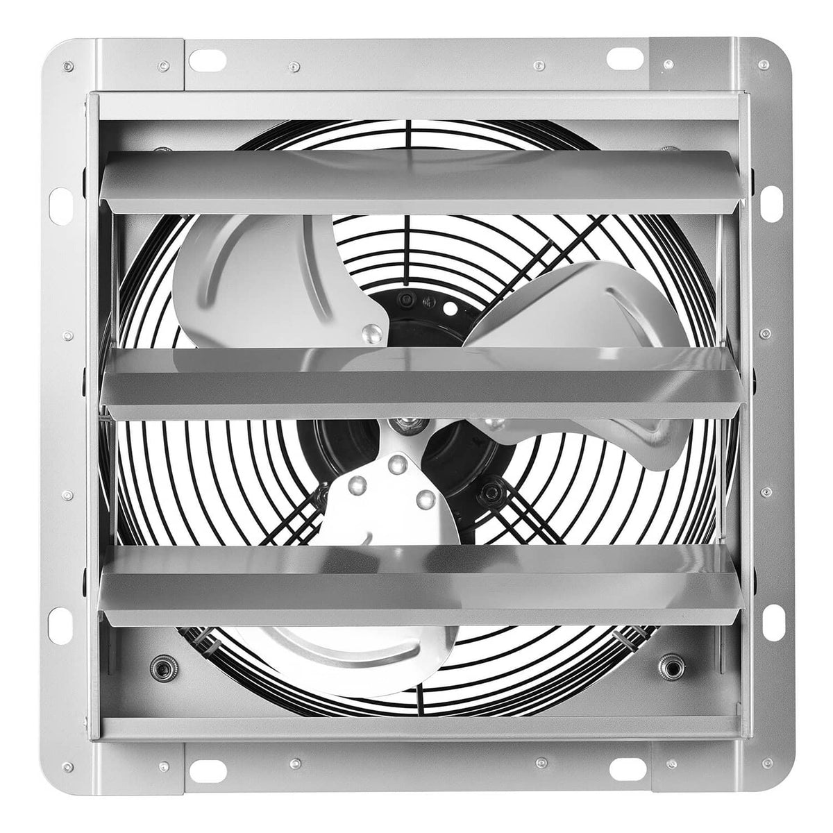 Wall-mounted exhaust fan with grille, visible fan blades and automatic louvers