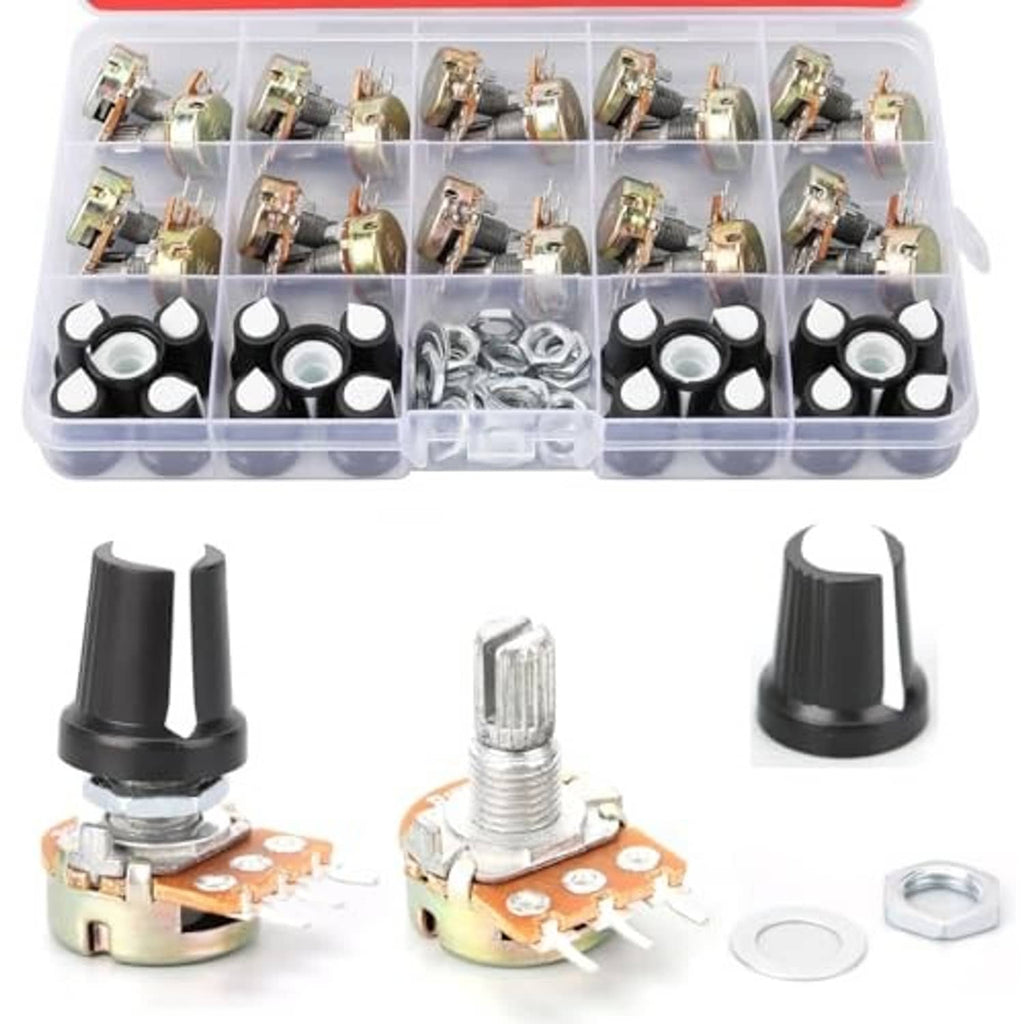 Potentiometer kit with black knobs and silver rotary potentiometers, shown in parts and case