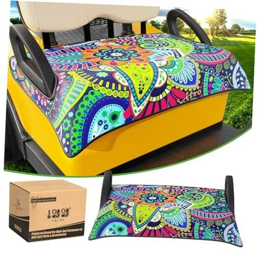 Colorful mandala golf cart seat cover blanket with black trim and shaped fit.