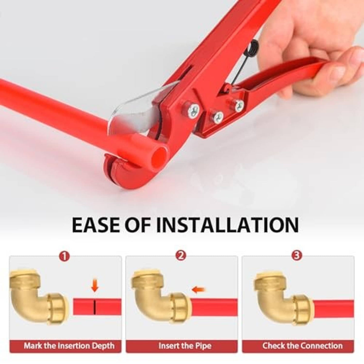 Brass push-fit elbow fitting connected to red PEX pipe with push-to-connect ends