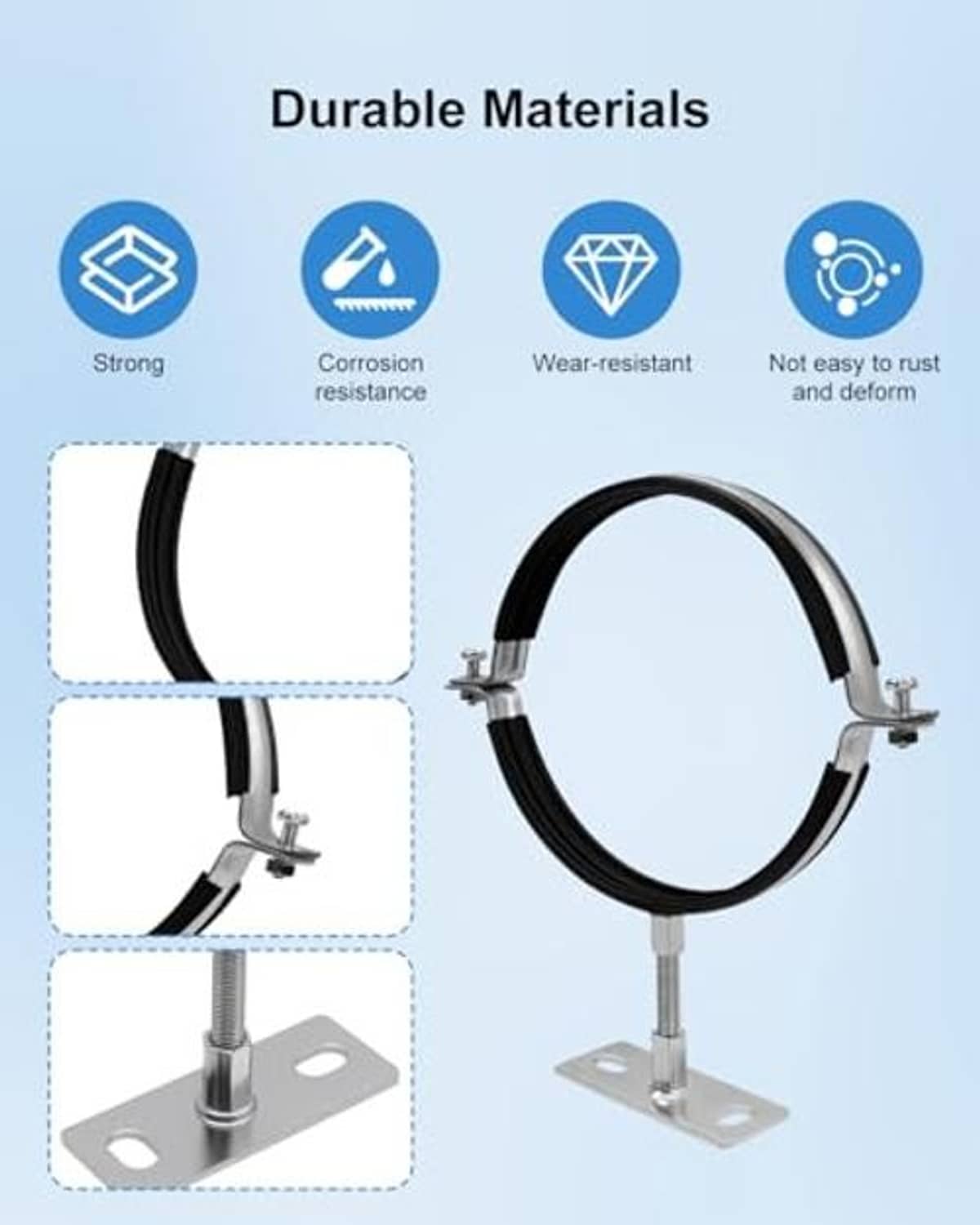 Black split-ring vent pipe bracket with adjustable galvanized post and square base plate