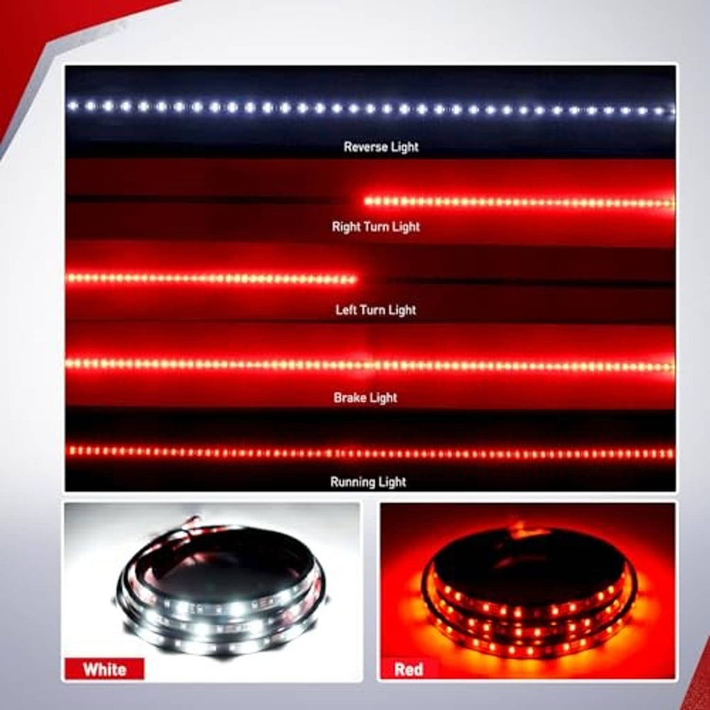 LED tailgate light strip with bright white and red light segments