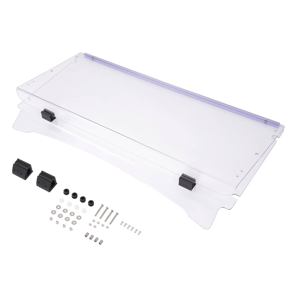 Foldable transparent windshield panel with purple trim and included black hardware