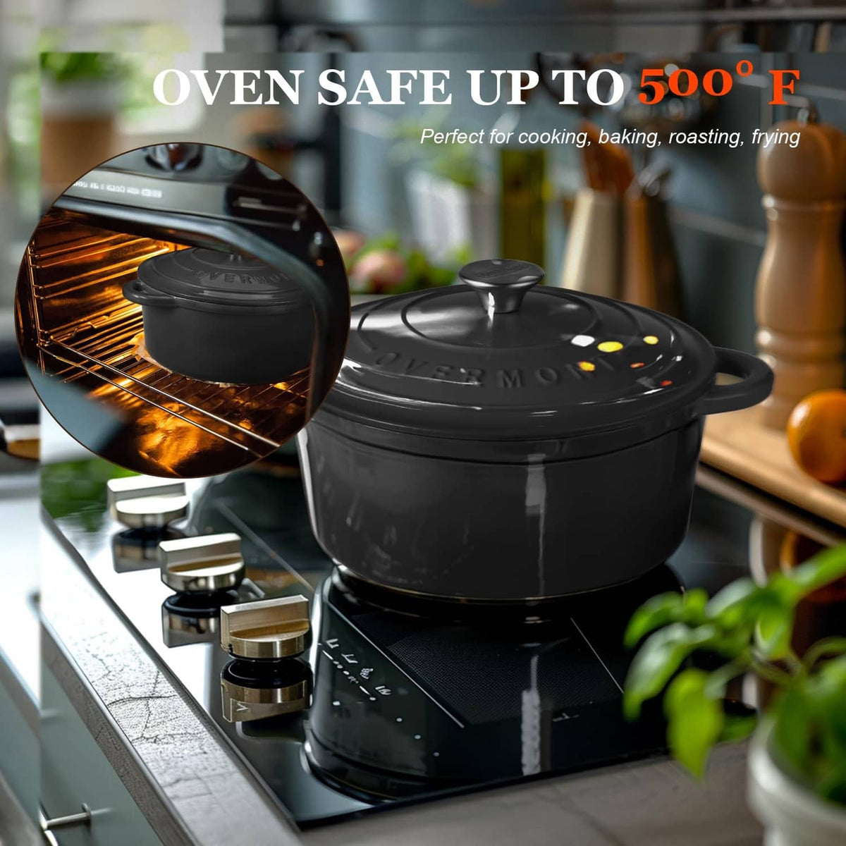 Black enameled cast iron Dutch oven on stovetop with lid and side handles