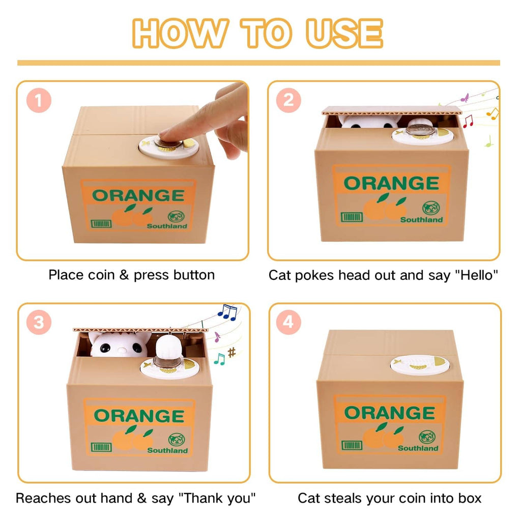 Orange cat coin box piggy bank with use-step panels showing coin and button actions.