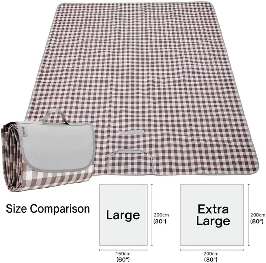 Brown and white checkered picnic blanket, folded; size comparison shows extra large