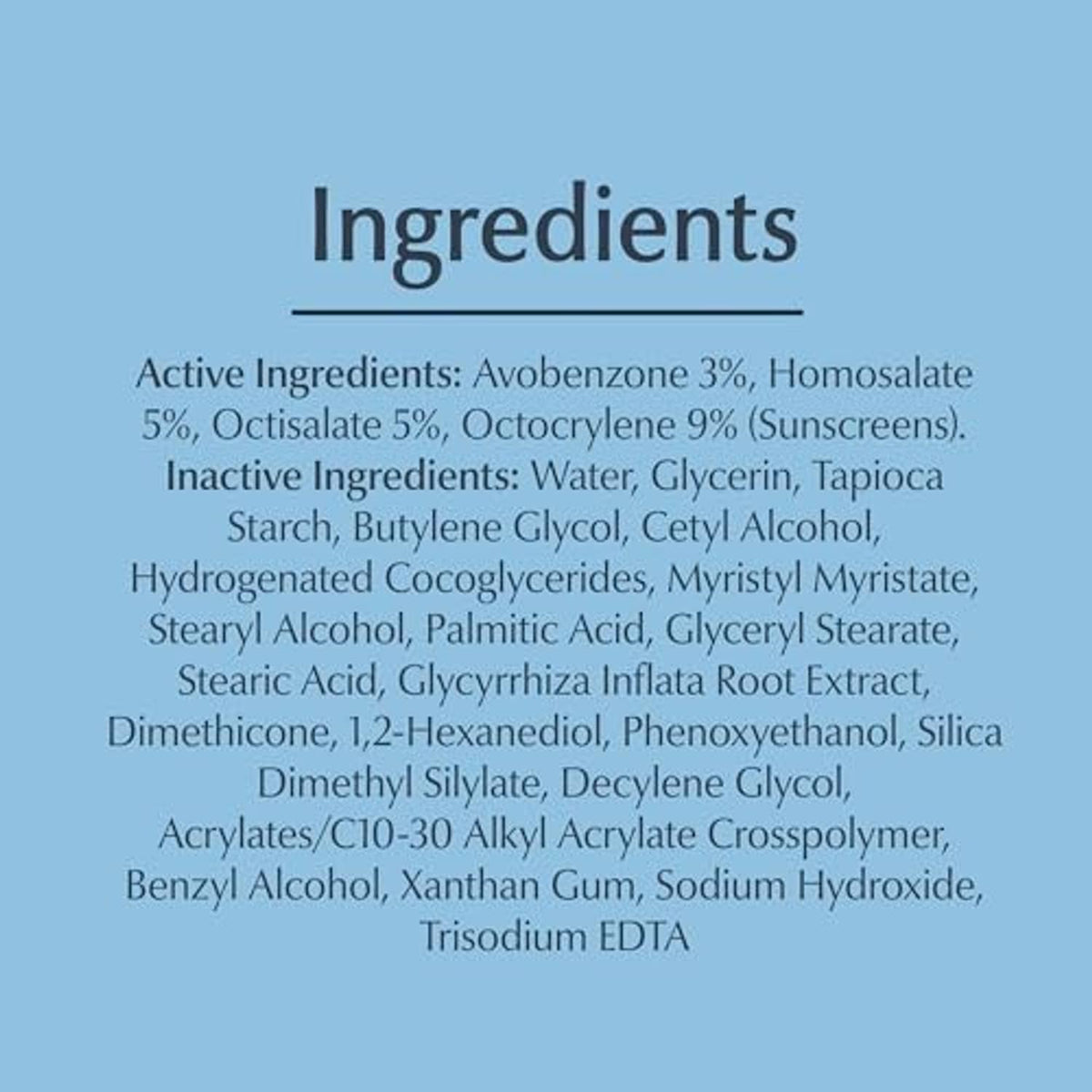 Sunscreen ingredients panel listing active and inactive ingredients on packaging
