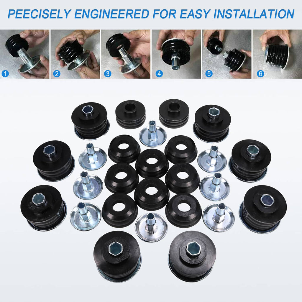 Body cab mount kit with black mounts and steel sleeves for easy installation