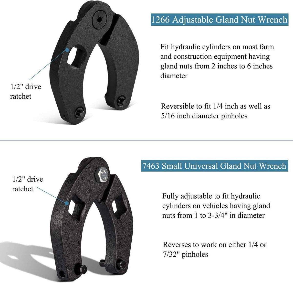 Two black adjustable hydraulic gland nut wrenches with pin-adjusted sides