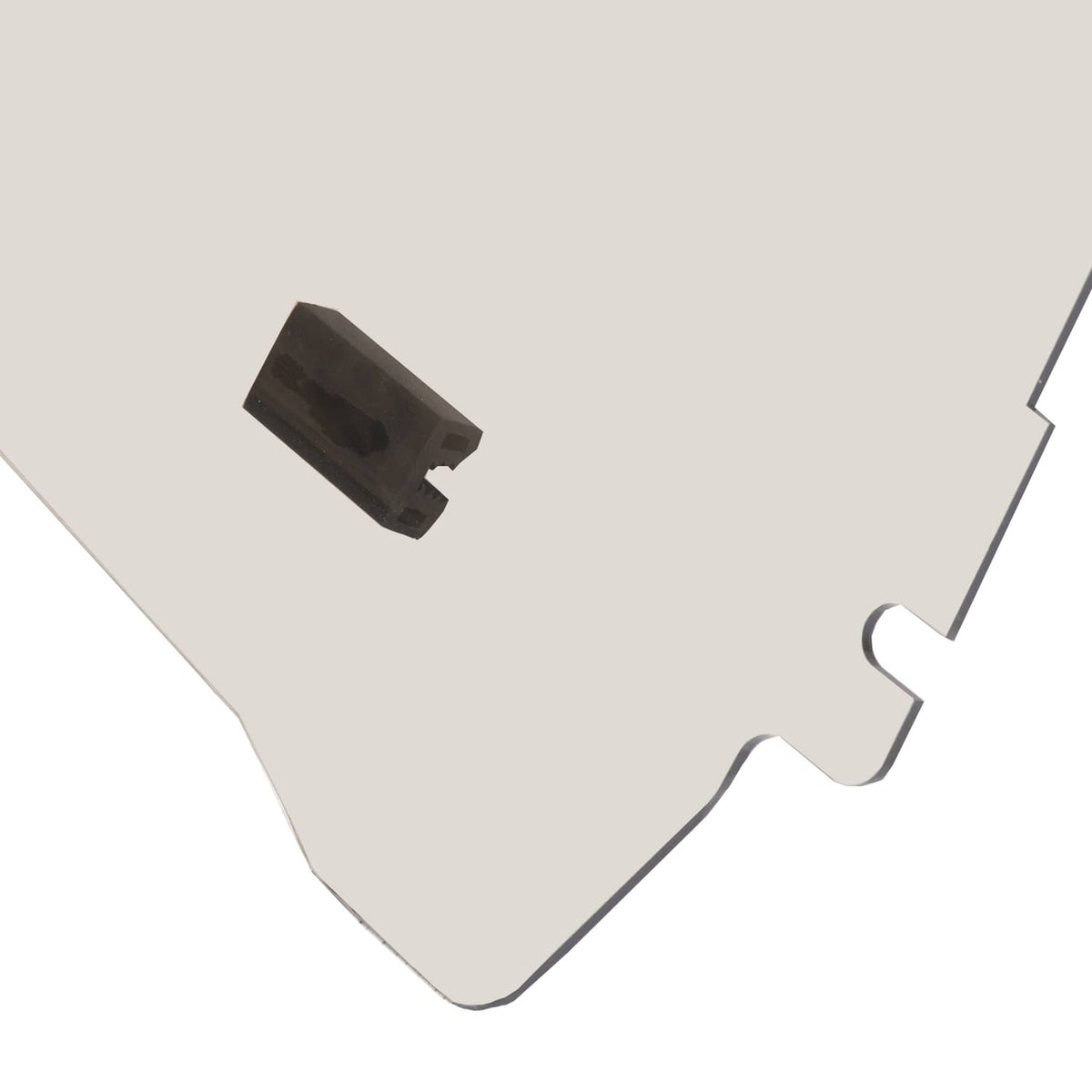 Corner detail of tinted flip windshield windscreen with black mounting bracket