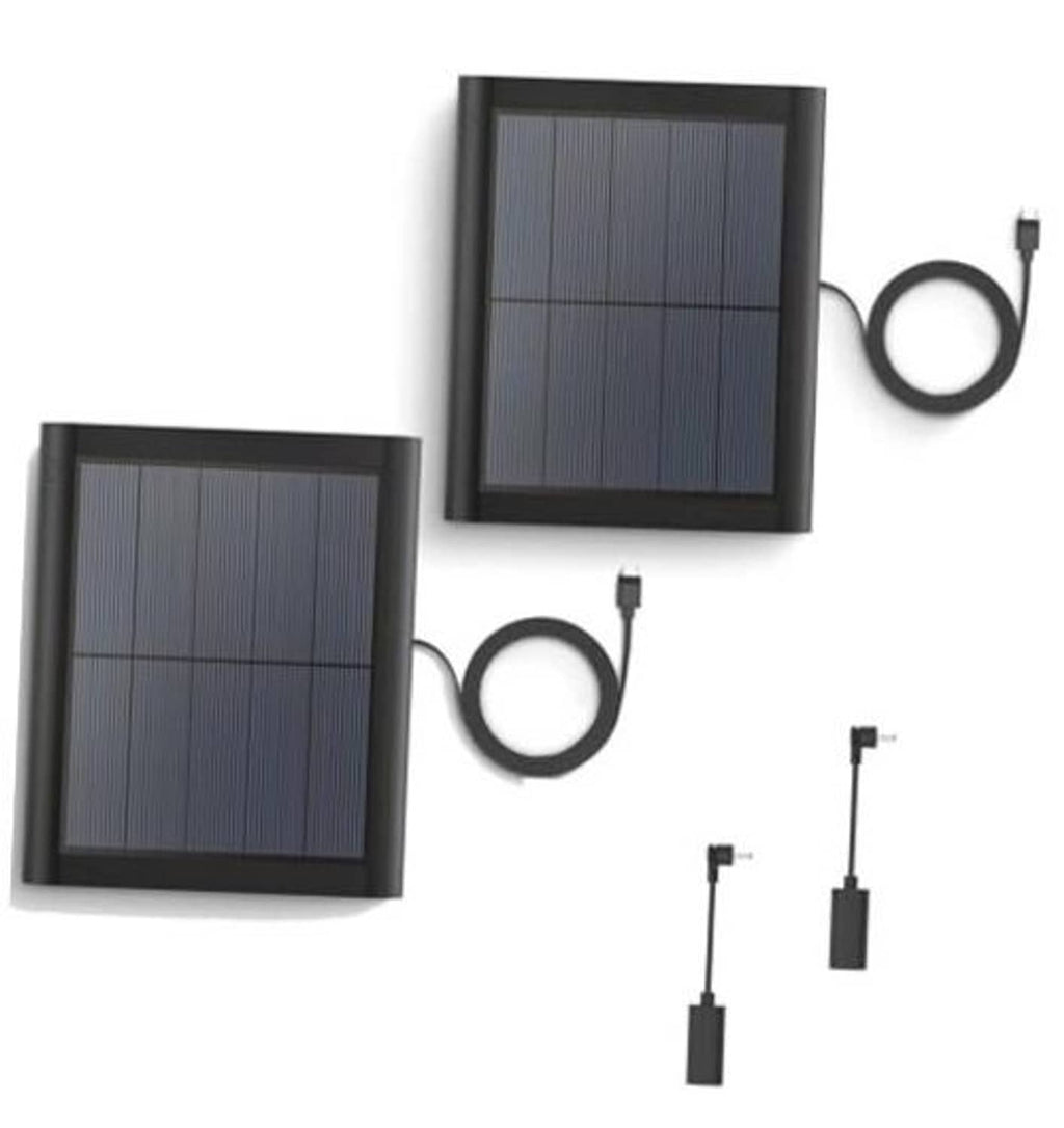 Solar panel charger kit with two rectangular panels and black ring connector cables