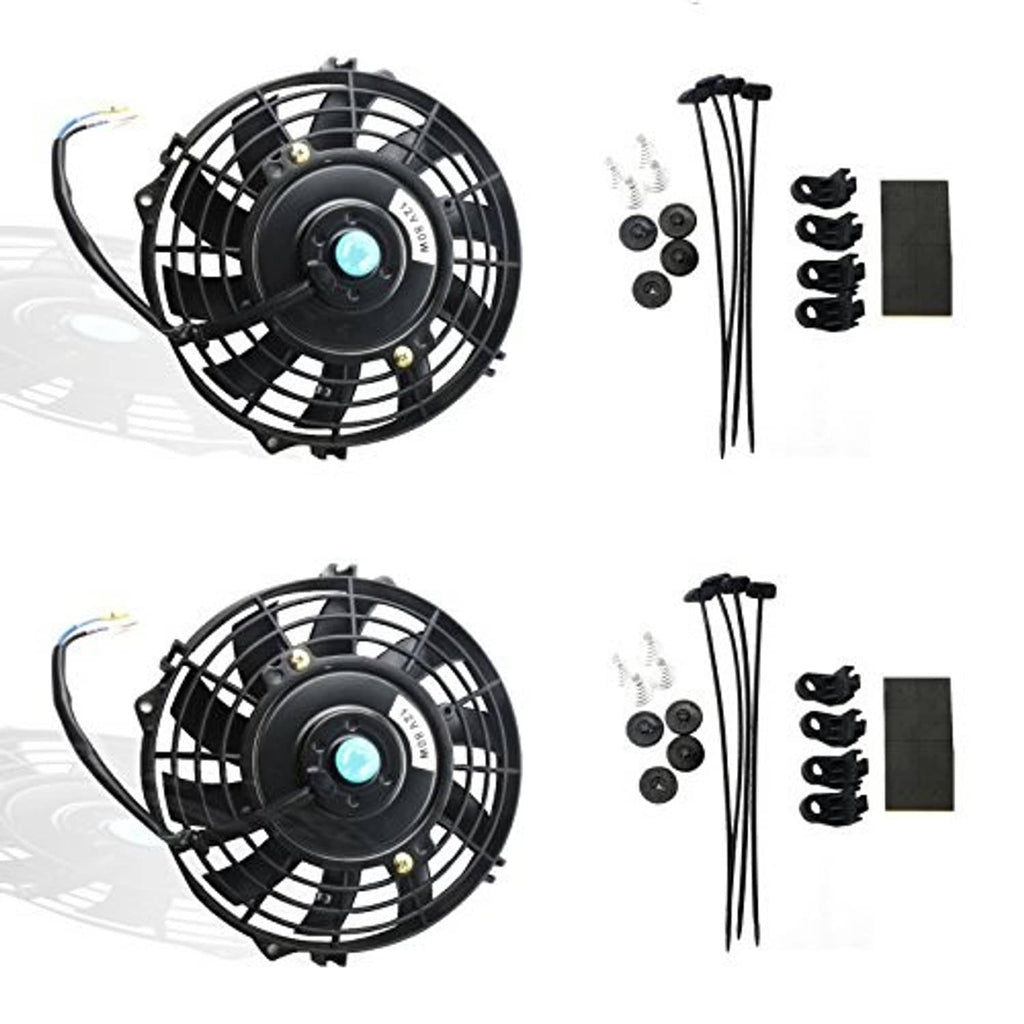 Black radiator fan kit with circular grille, cables, screws, and mounting plate
