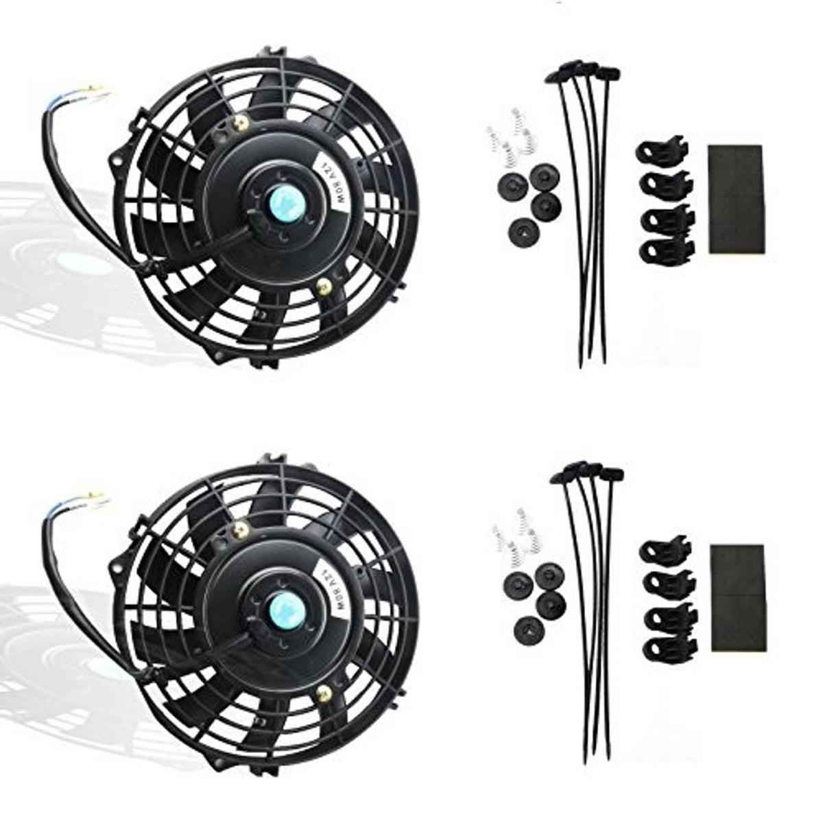 Black radiator fan kit with circular grille, cables, screws, and mounting plate