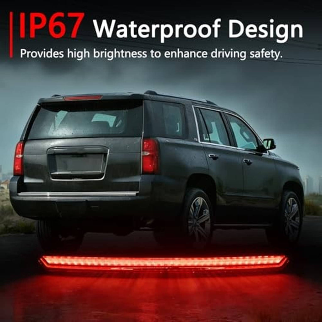 Third brake light lit with bright red LED strip on a black housing